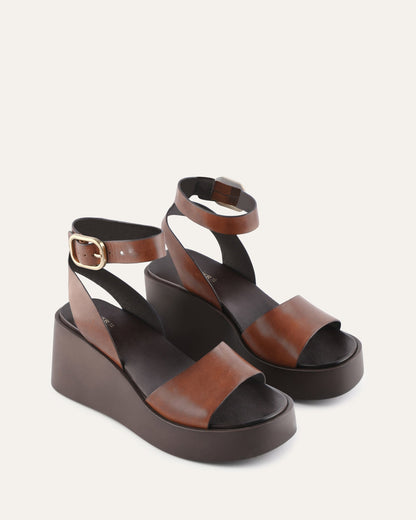 CASSIE MID WEDGE SANDALS BRANDY LEATHER