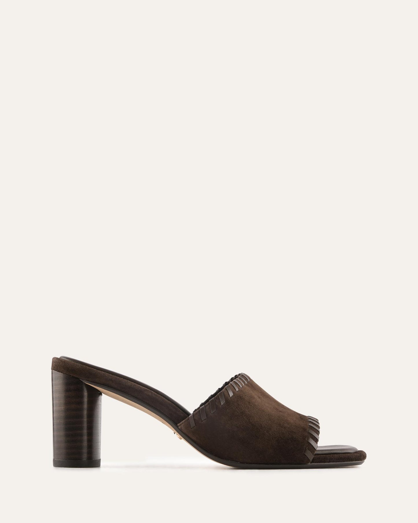 Brown sandal with a block heel on a white background