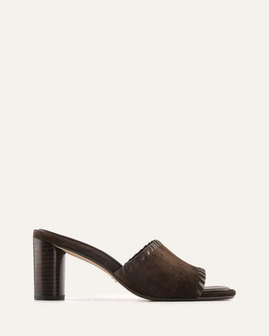 Brown sandal with a block heel on a white background