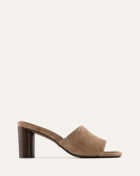 Brown sandal with a block heel on a white background