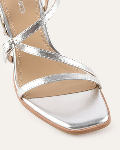 NALA MID HEEL SANDALS SILVER LEATHER