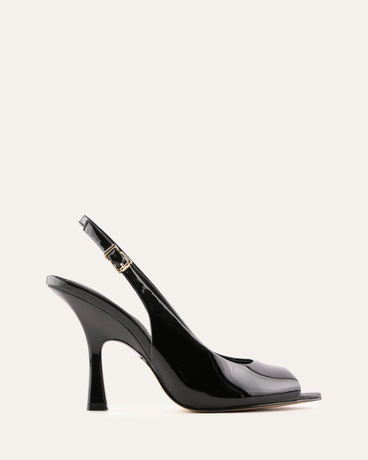 Black high-heeled shoe with a slingback design on a white background