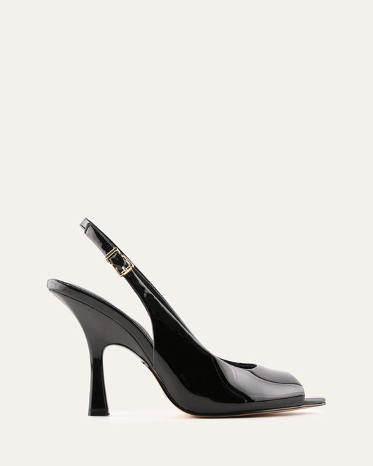 Black high-heeled shoe with a slingback design on a white background