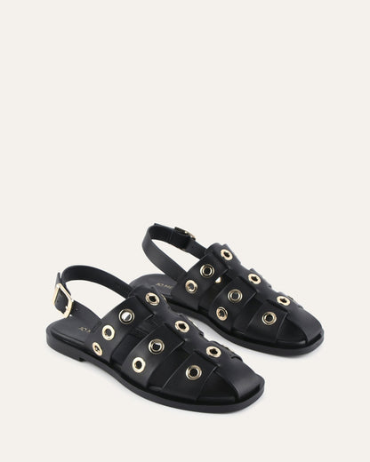 SAFFI FLAT SANDALS BLACK LEATHER