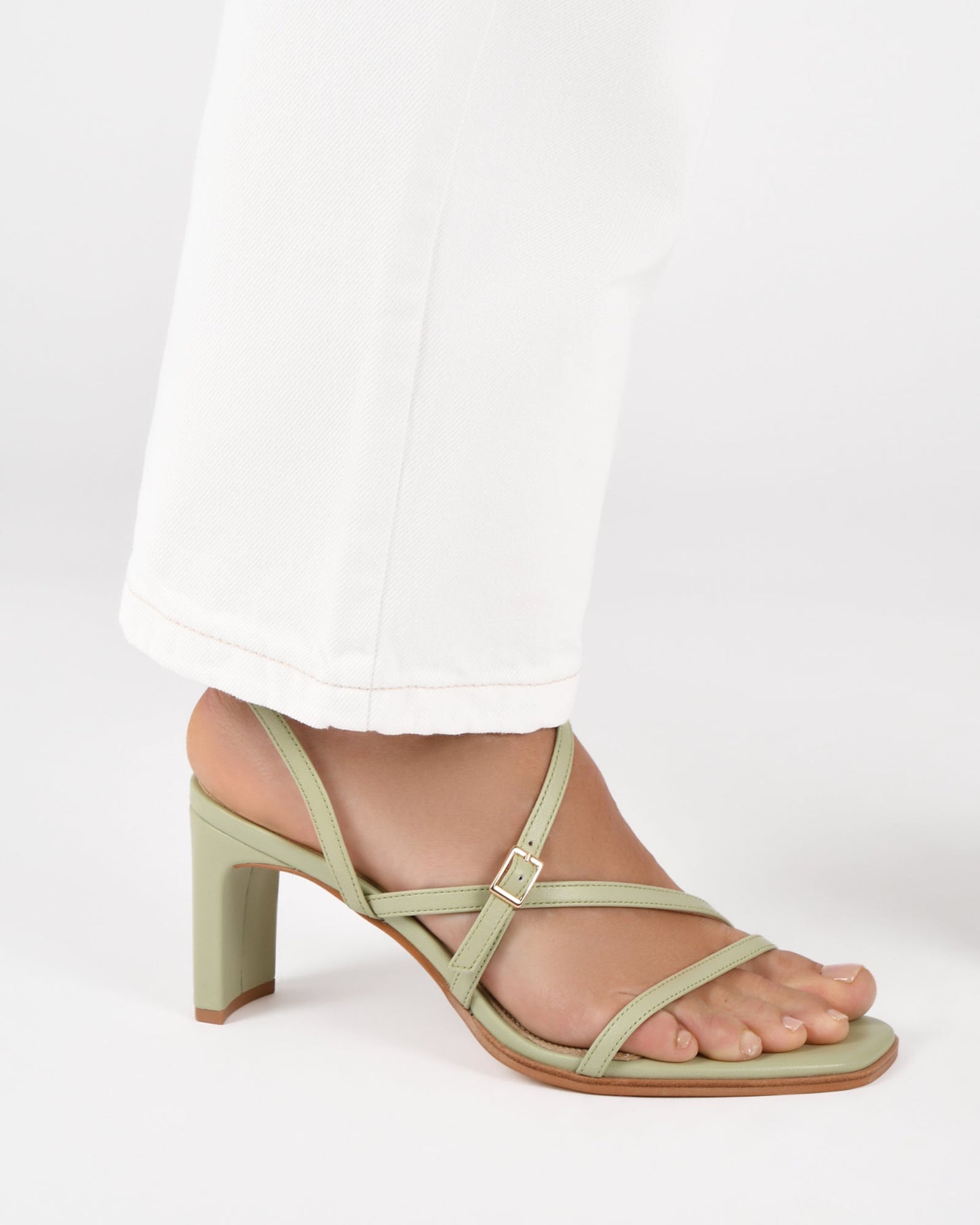 NALA MID HEEL SANDALS LIGHT SAGE LEATHER